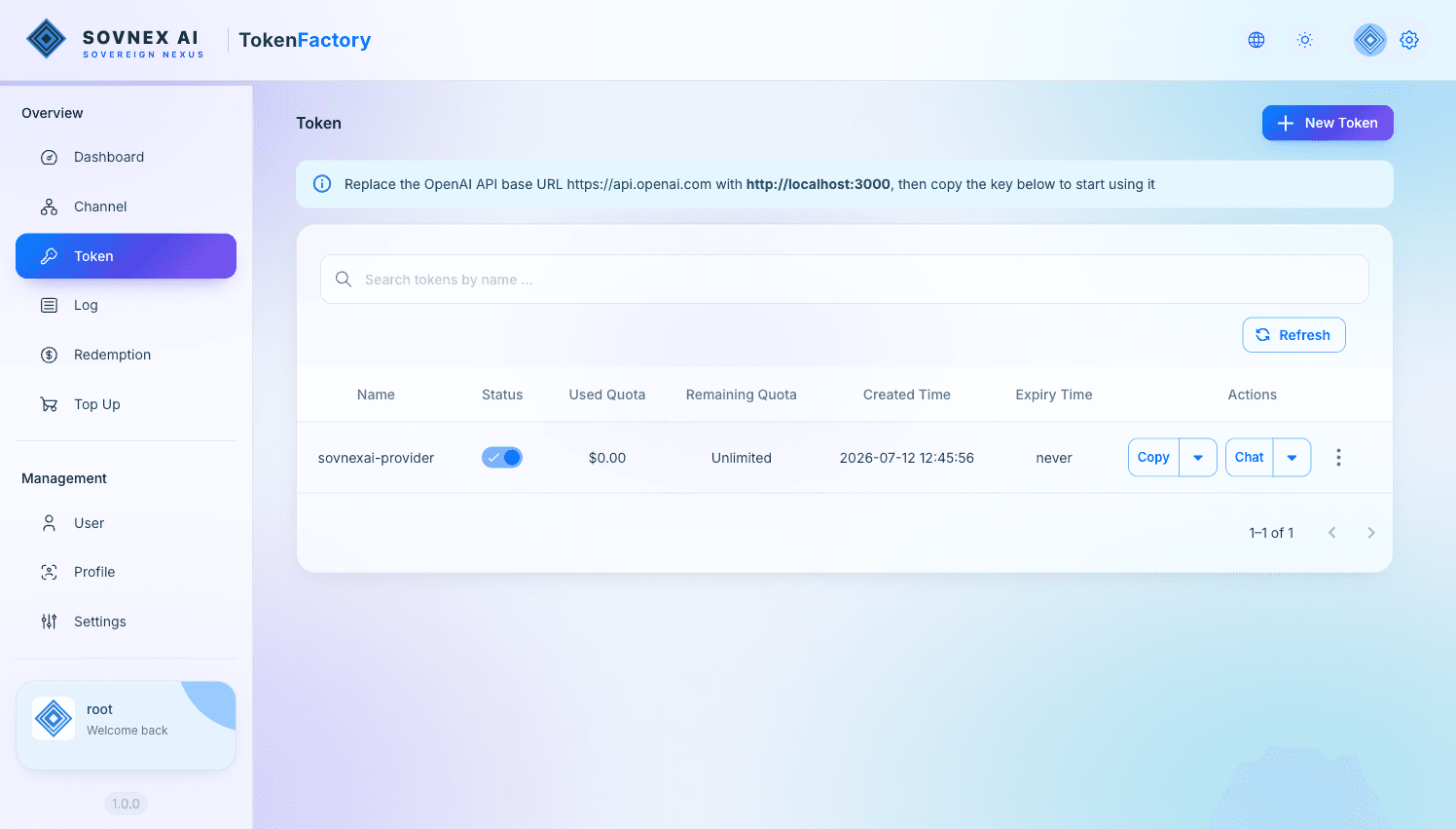 Token Factory token list showing used quota, remaining quota and expiry for each token