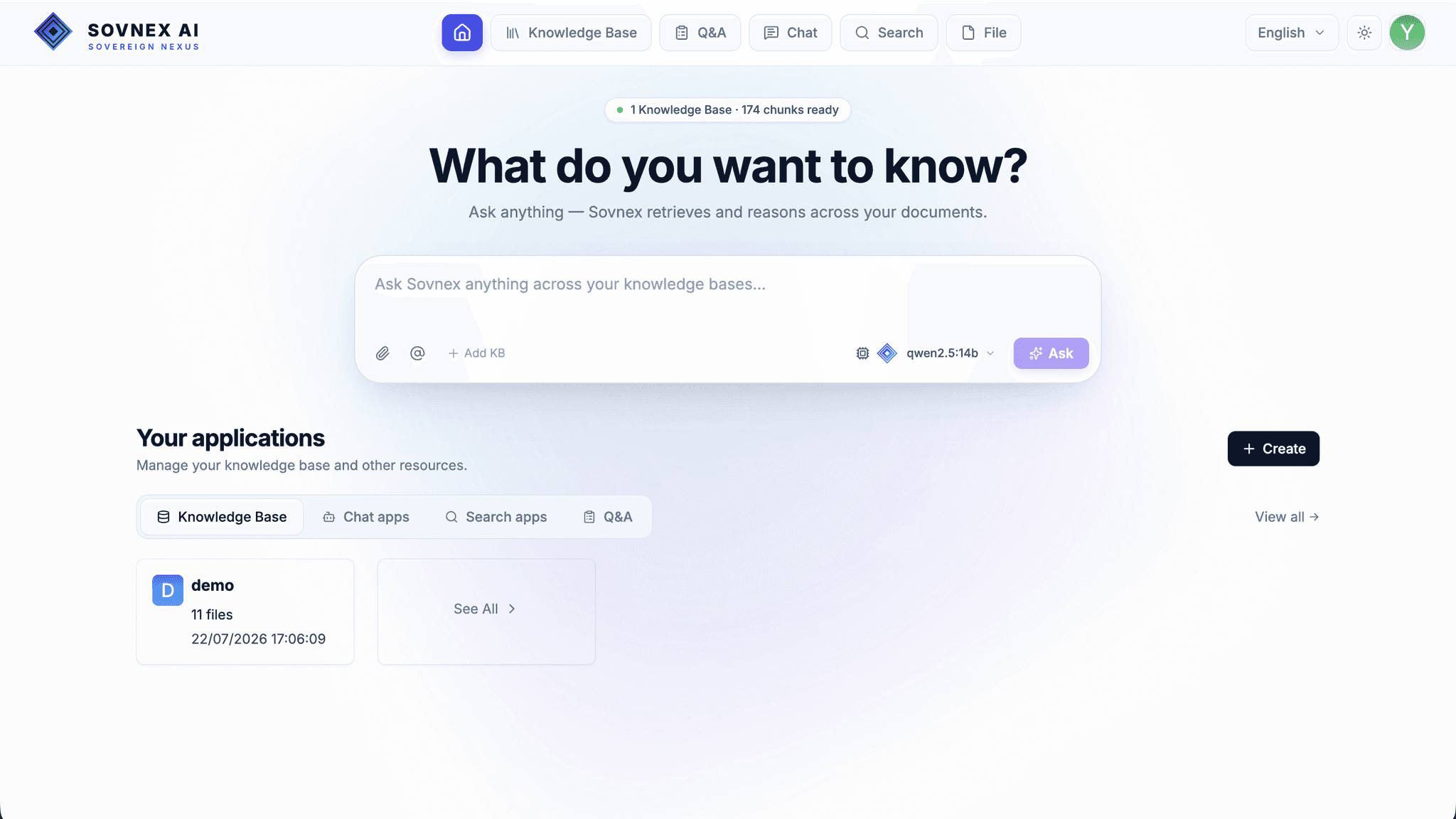 The Sovnex workspace: knowledge bases, Q&A, chat and search over your own documents