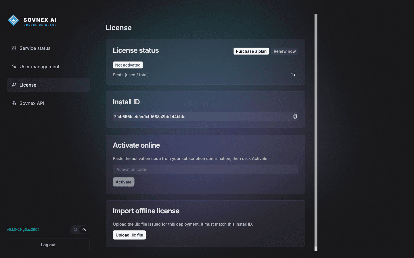 License page showing Not activated and the Install ID