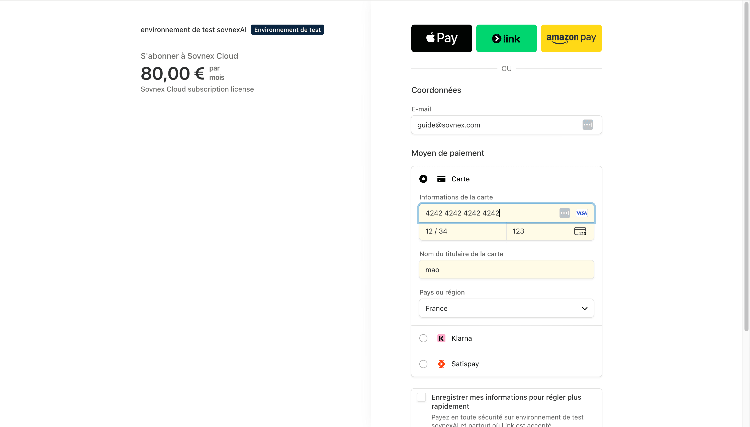Stripe checkout with the test card entered