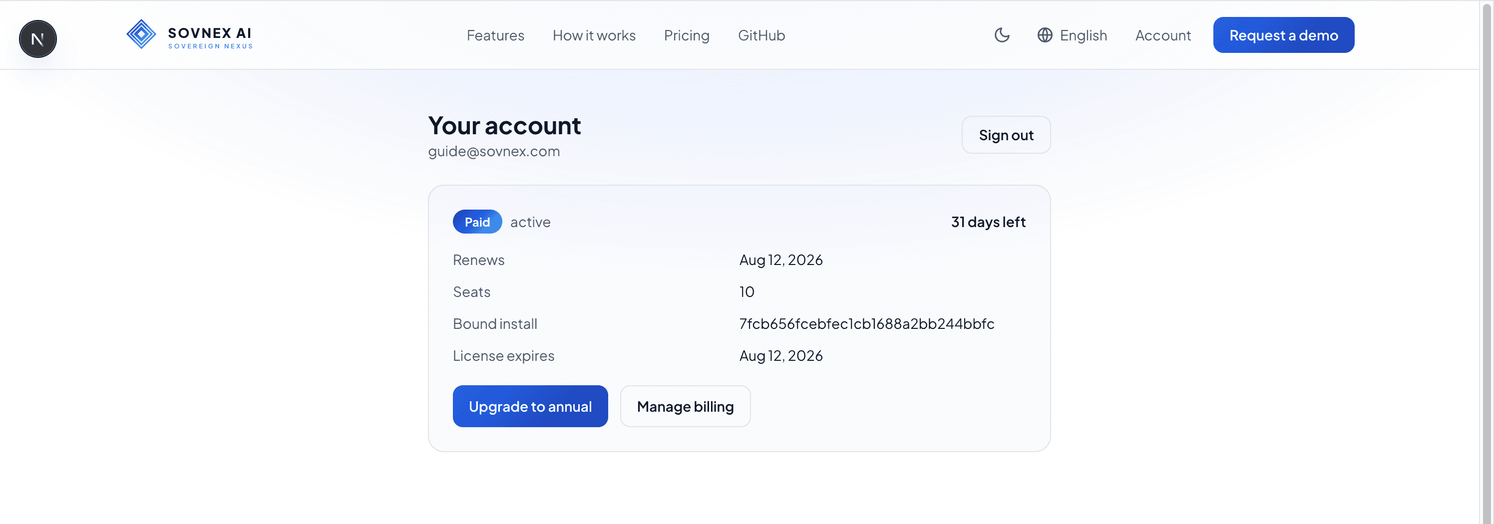Portal account page showing an active paid subscription