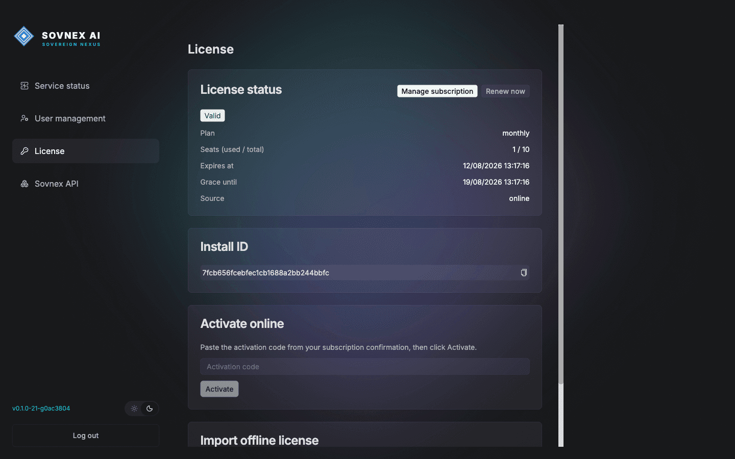 License page showing a Valid, activated license
