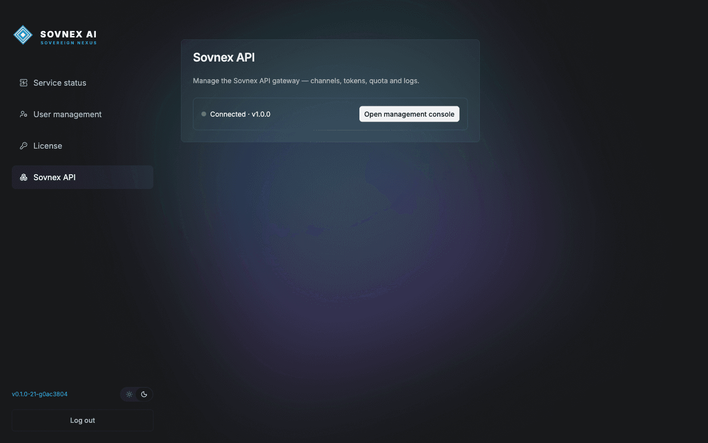 Admin Sovnex API page showing Connected and Open console