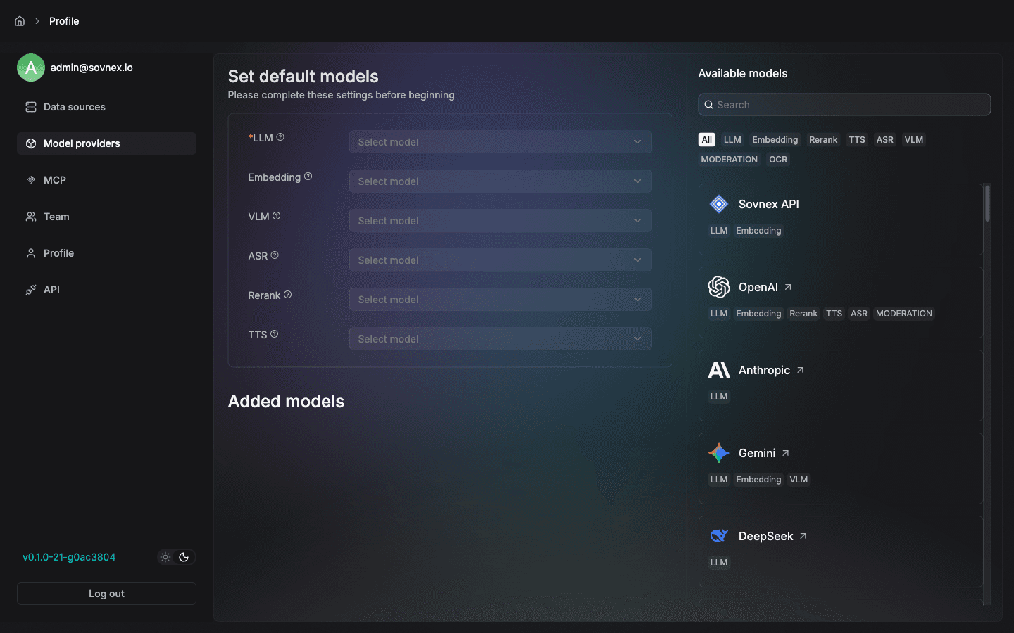 Model providers settings with Sovnex API at the top