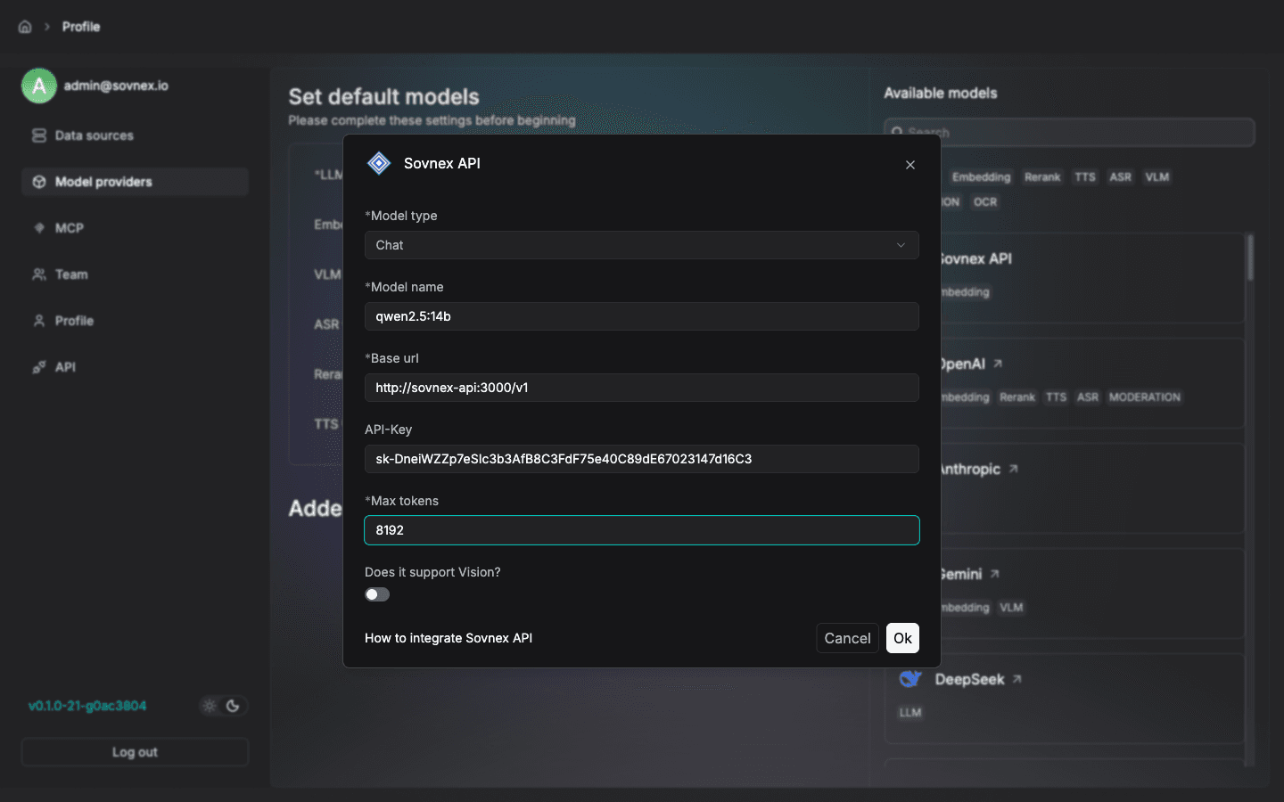 Sovnex API provider dialog with model name, base URL and key