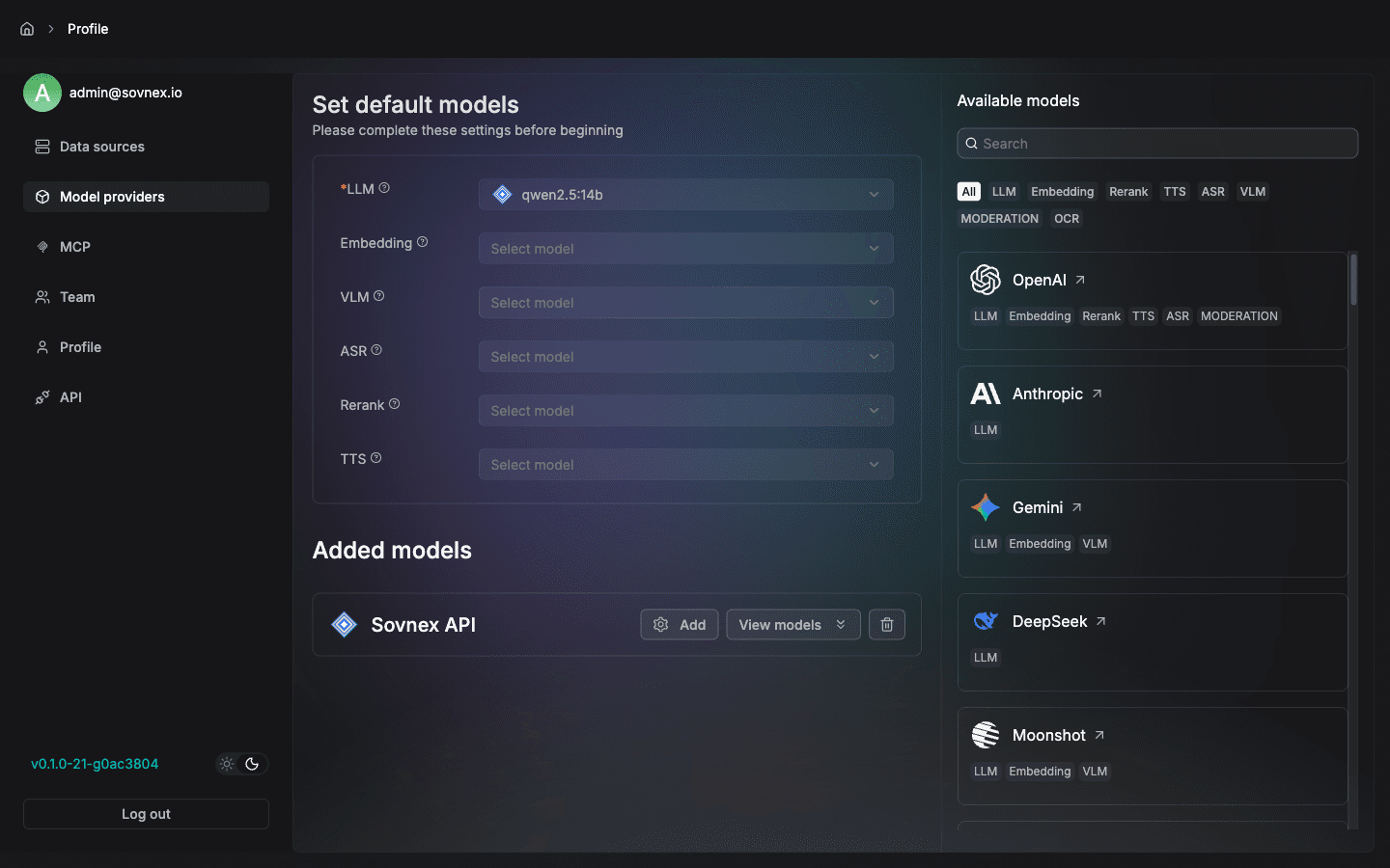 Sovnex API added with qwen2.5:14b set as the default LLM